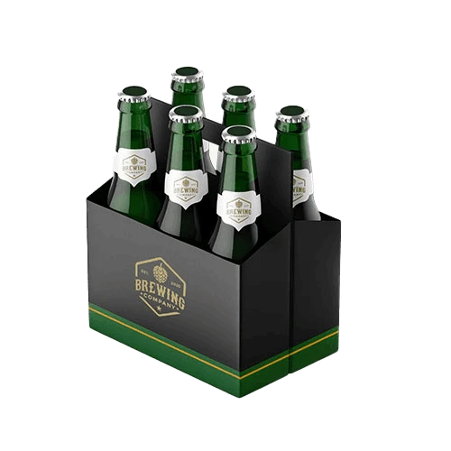 6 pack beverage bottle carrier with custom print and die-cut handle for easy transfer