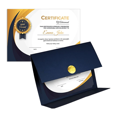 Certificate holder printed on 12pt card stock with gold foil label for secure closure