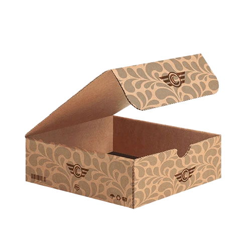 Mailer style ecommerce packaging on recycled kraft corrugated material