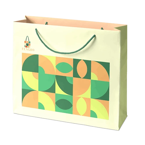 Colourful printed gift shopping bag with matching handles, ideal takeaway packaging solution for apparel brands